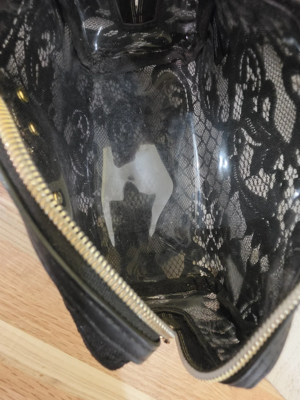 Victoria's Secret Black Lace Cosmetic Pouch with Gold Bow Accent